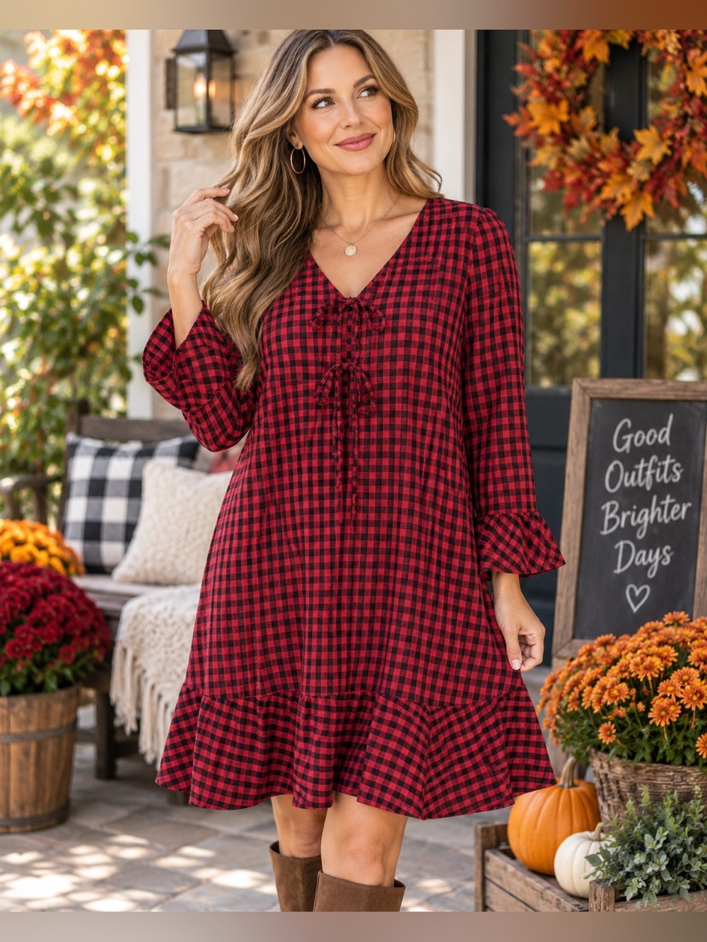 NWT Time and Tru XL 16-18 Red Black Plaid Ruffle Hem Tie Front Dress